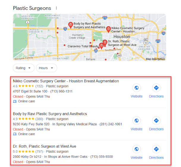 Image of Google Maps for Houston, TX showing top-ranking cosmetic surgery clinics in the top-3 Map Pack.